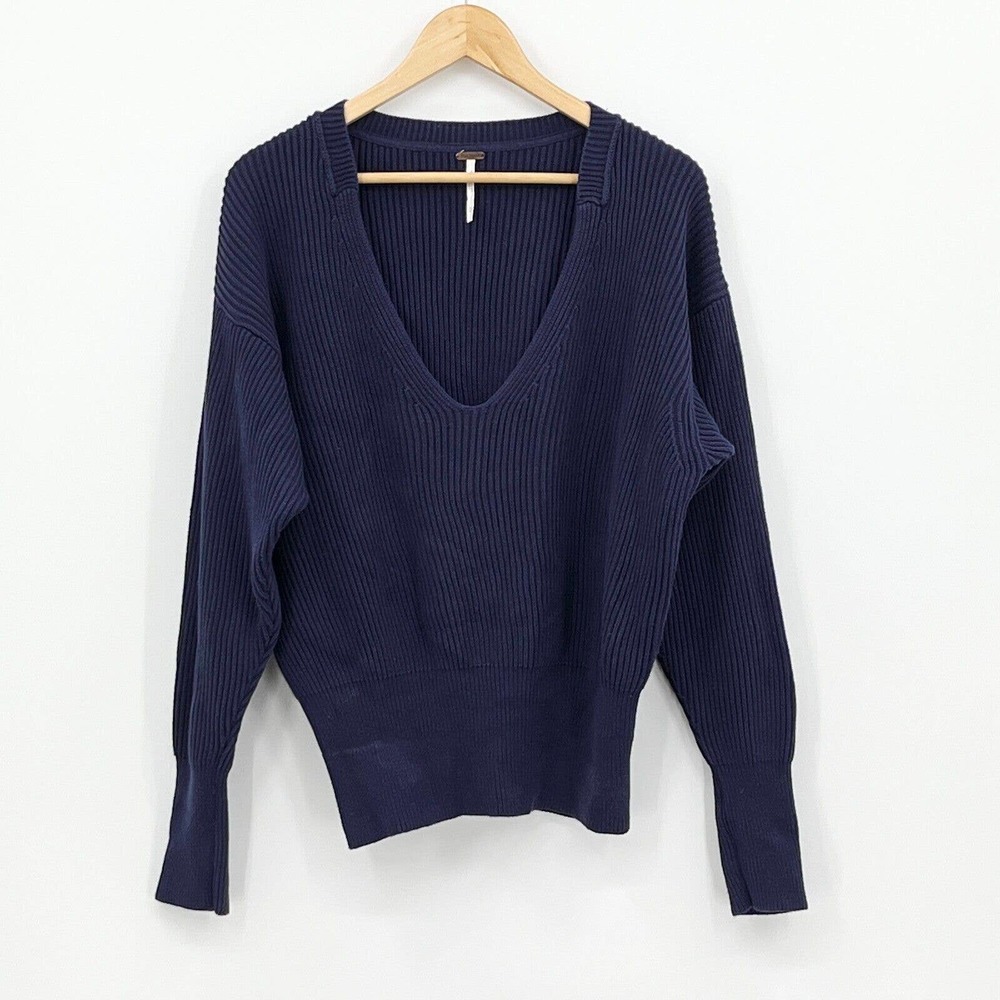 Free People Sweater Women Medium Blue Knit Boho Ribbed Pullover Deep V-Neck